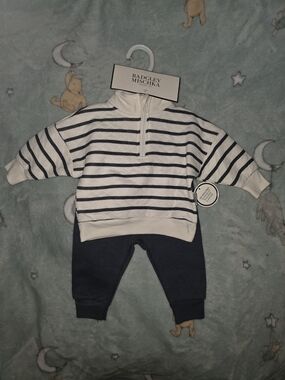 Badgley Mischka White & Navy Striped Half-Zip Pullover with Navy Pants Baby Boy